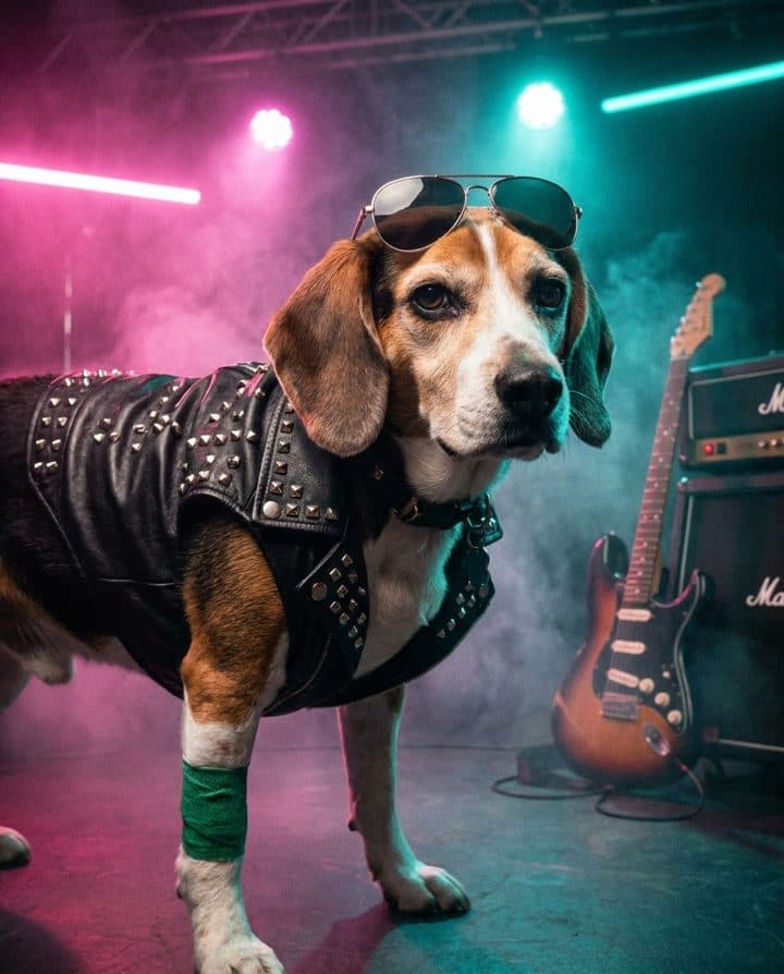 Beagle portrait in the 80s Rockstar style