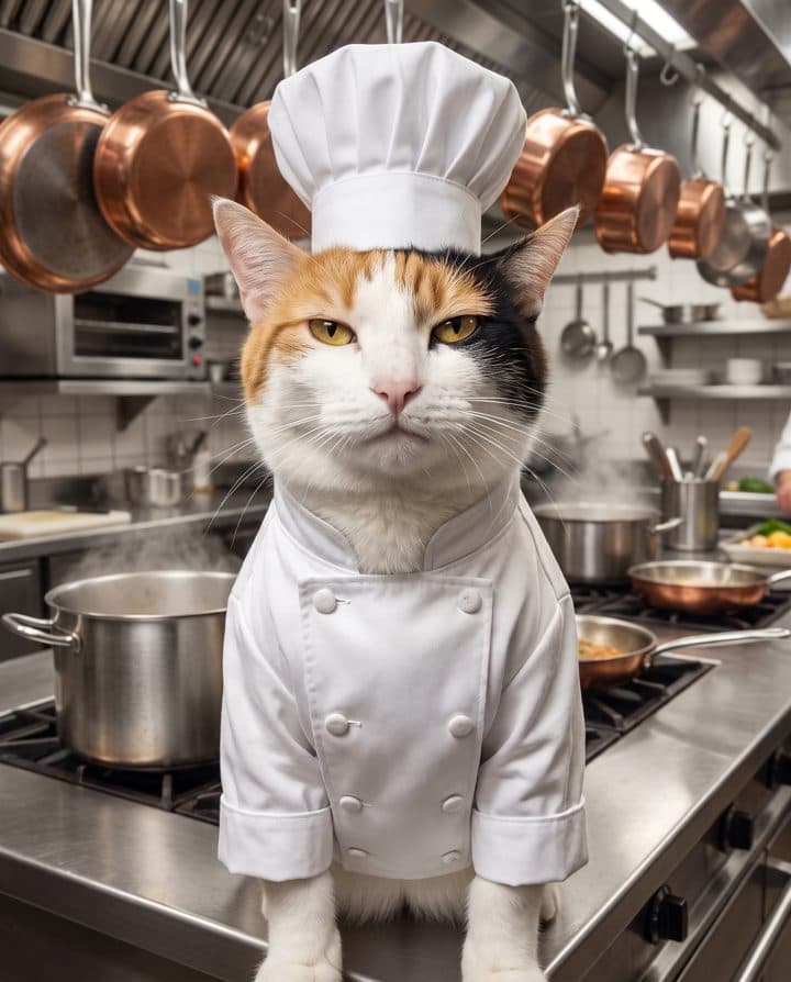 Calico Cat portrait in the Grumpy Chef style