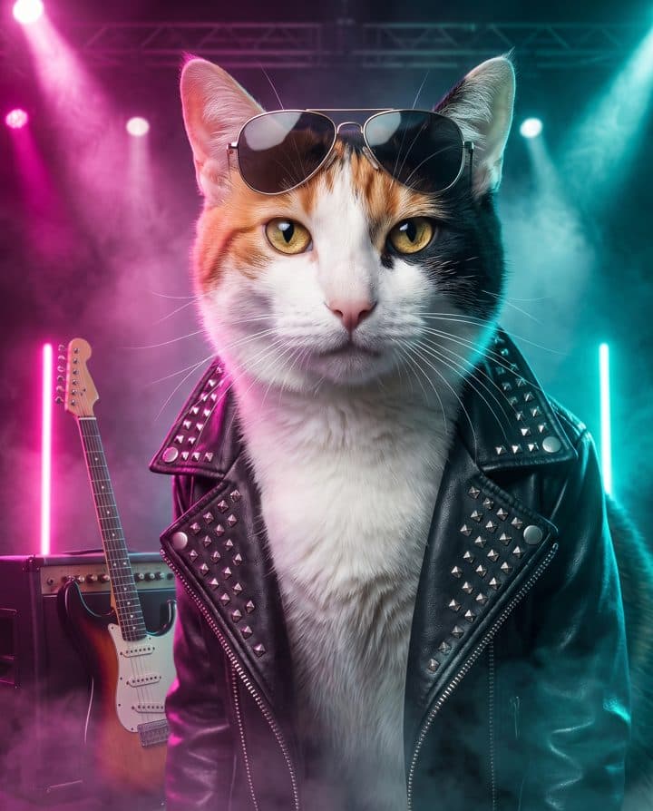 Calico Cat portrait in the 80s Rockstar style