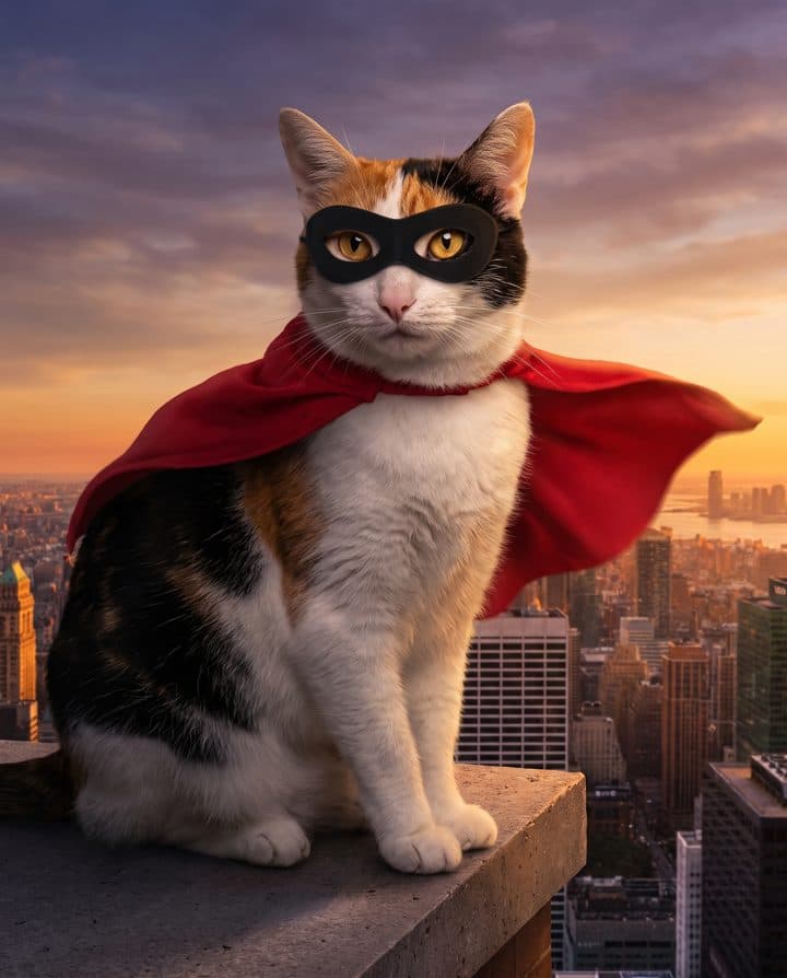 Calico Cat portrait in the Caped Hero style