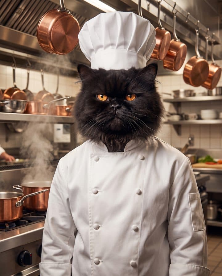 Persian Cat portrait in the Grumpy Chef style