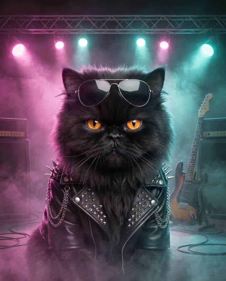 Persian Cat portrait in the 80s Rockstar style
