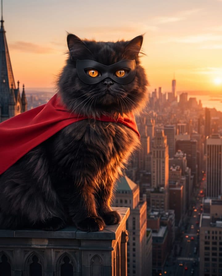 Persian Cat portrait in the Caped Hero style