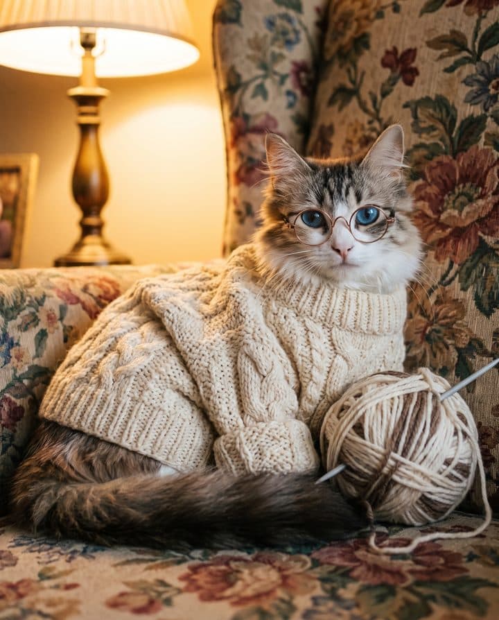 Tabby Cat portrait in the Cozy Grandma style