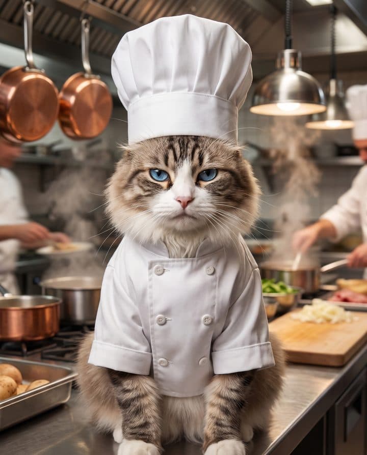 Tabby Cat portrait in the Grumpy Chef style