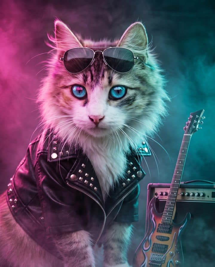 Tabby Cat portrait in the 80s Rockstar style