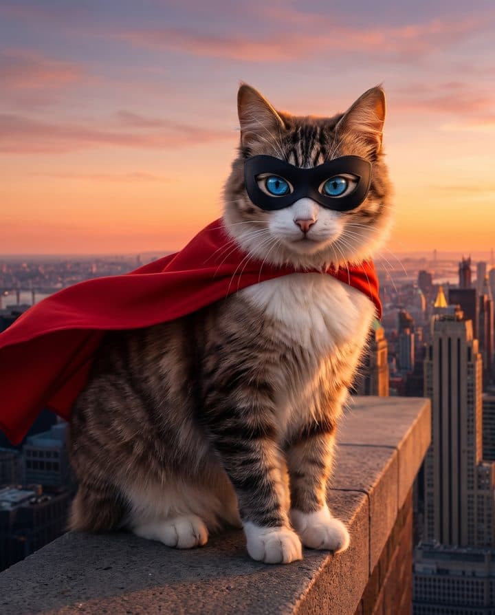 Tabby Cat portrait in the Caped Hero style