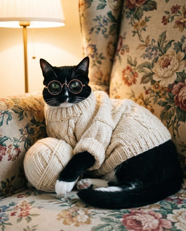 Tuxedo Cat portrait in the Cozy Grandma style