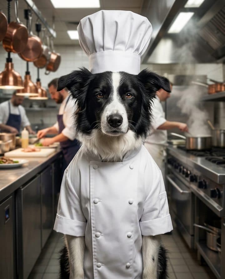 Border Collie portrait in the Grumpy Chef style