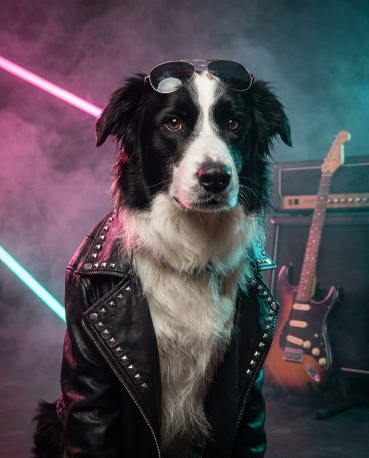 Border Collie portrait in the 80s Rockstar style