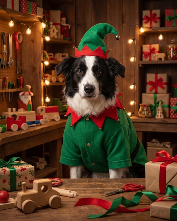 Border Collie portrait in the Workshop Elf style