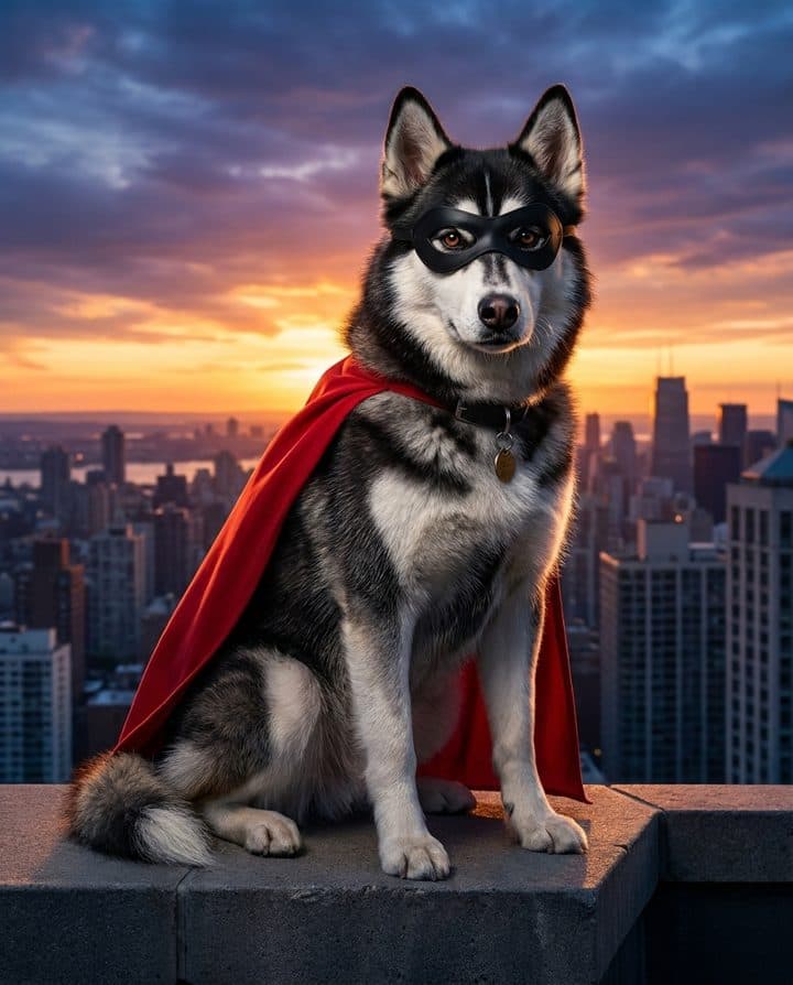 Husky portrait in the Caped Hero style