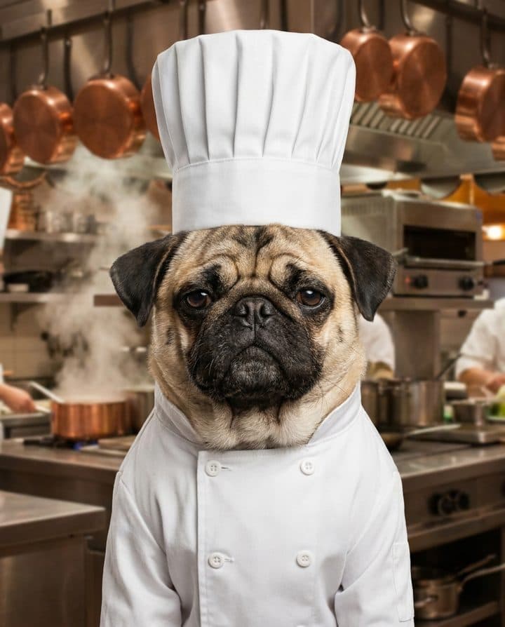 Pug portrait in the Grumpy Chef style