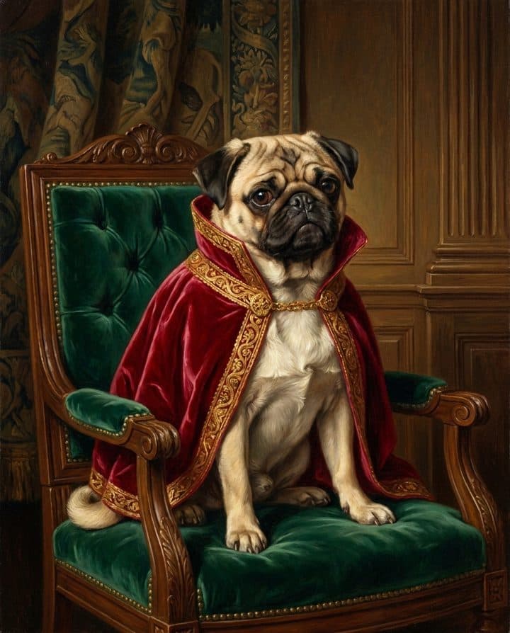 Pug portrait in the Old Money style