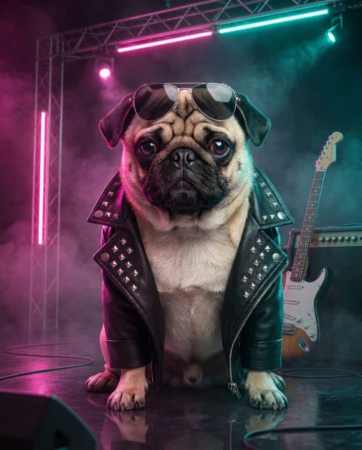 Pug portrait in the 80s Rockstar style