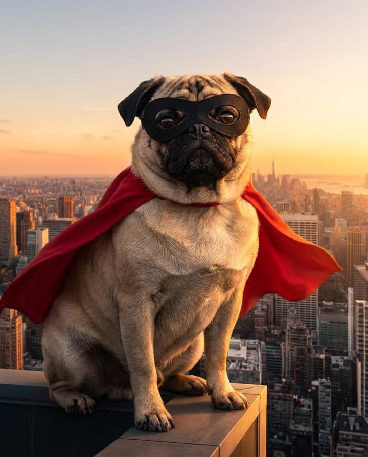 Pug portrait in the Caped Hero style