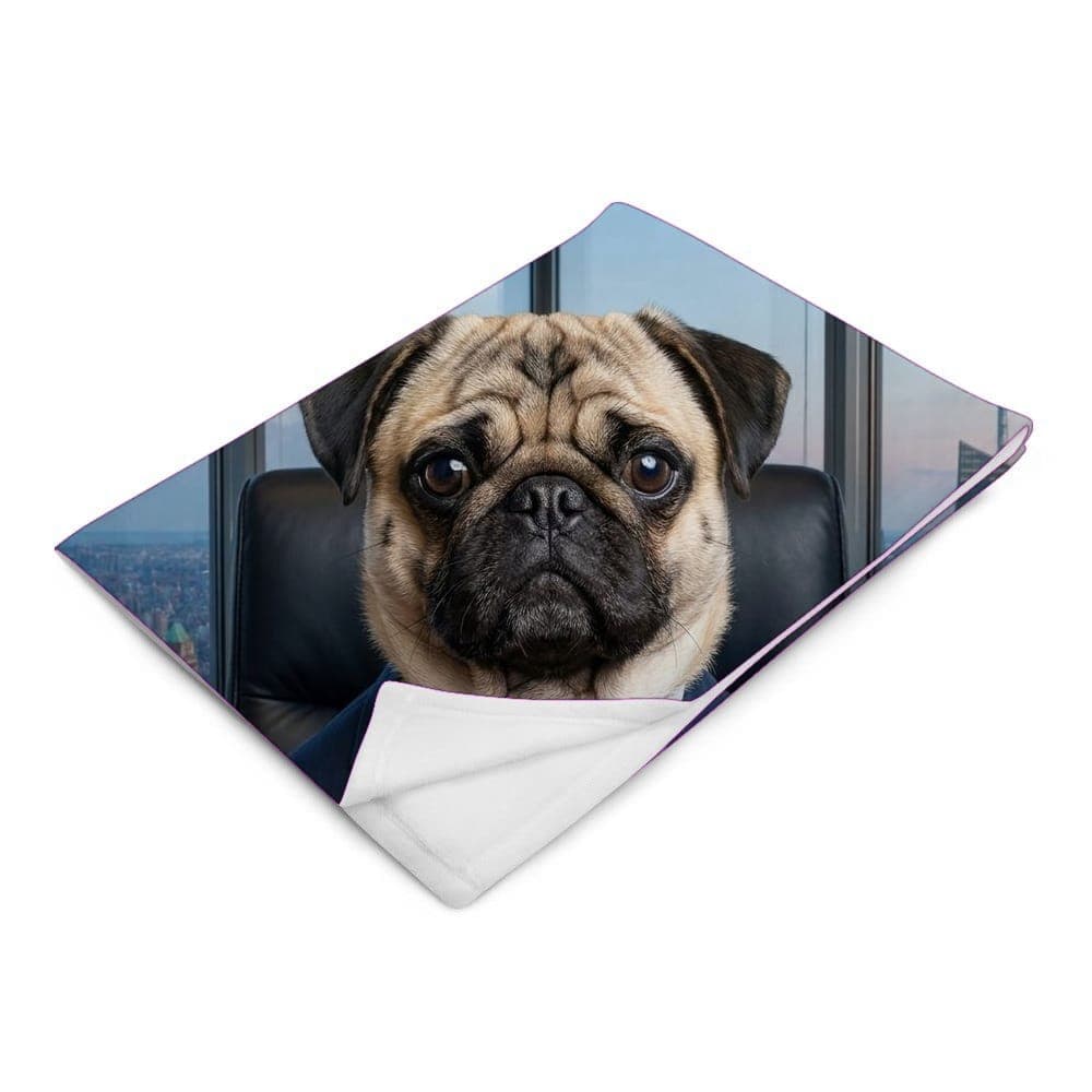 Pug as Tiny CEO on a blanket