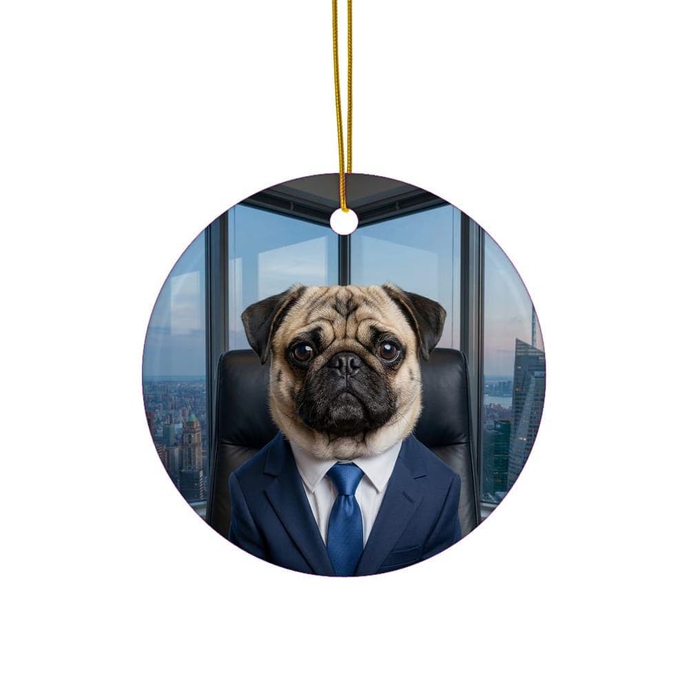 Pug as Tiny CEO on a ornament