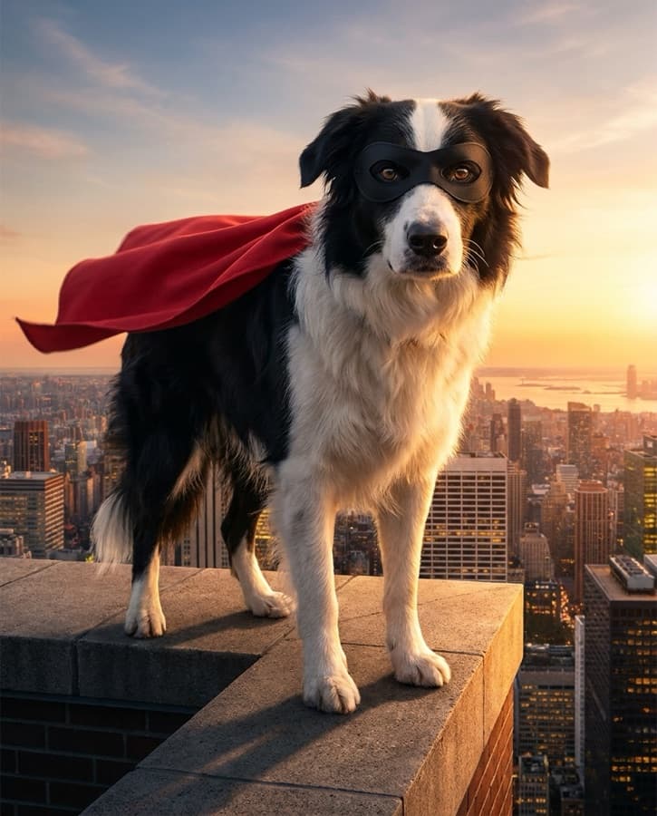 Pet portrait in the Caped Crusader style
