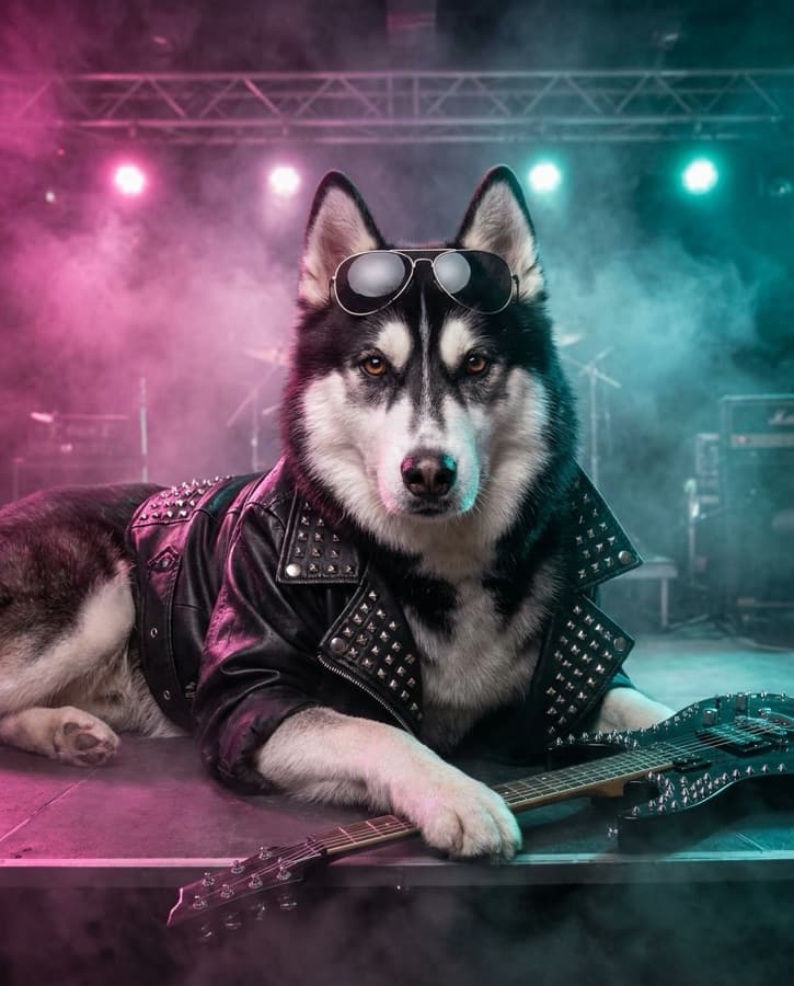 Pet portrait in the 80s Rockstar style