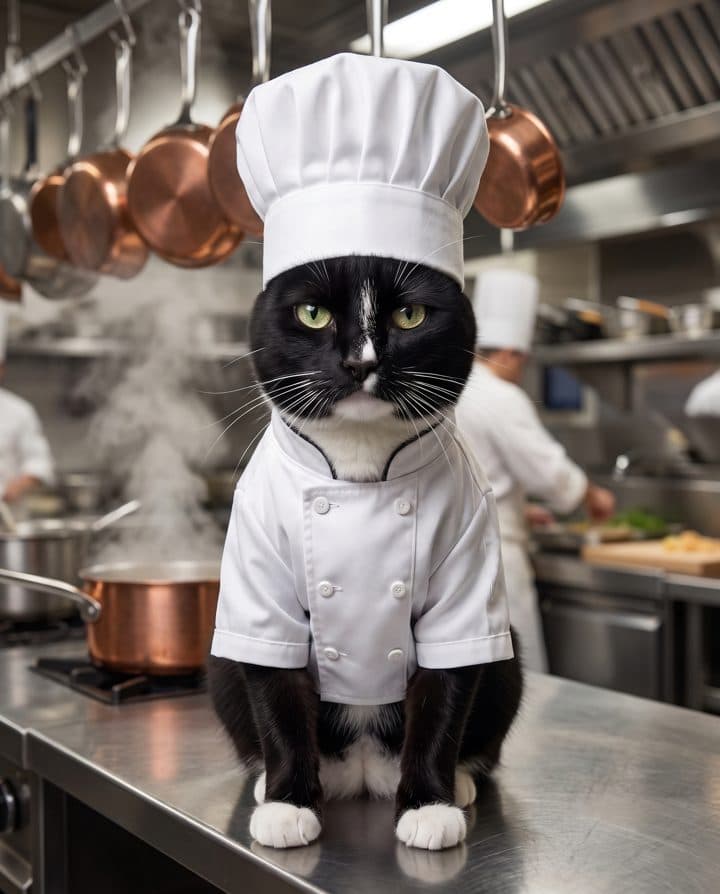 Tuxedo Cat portrait in the Grumpy Chef style
