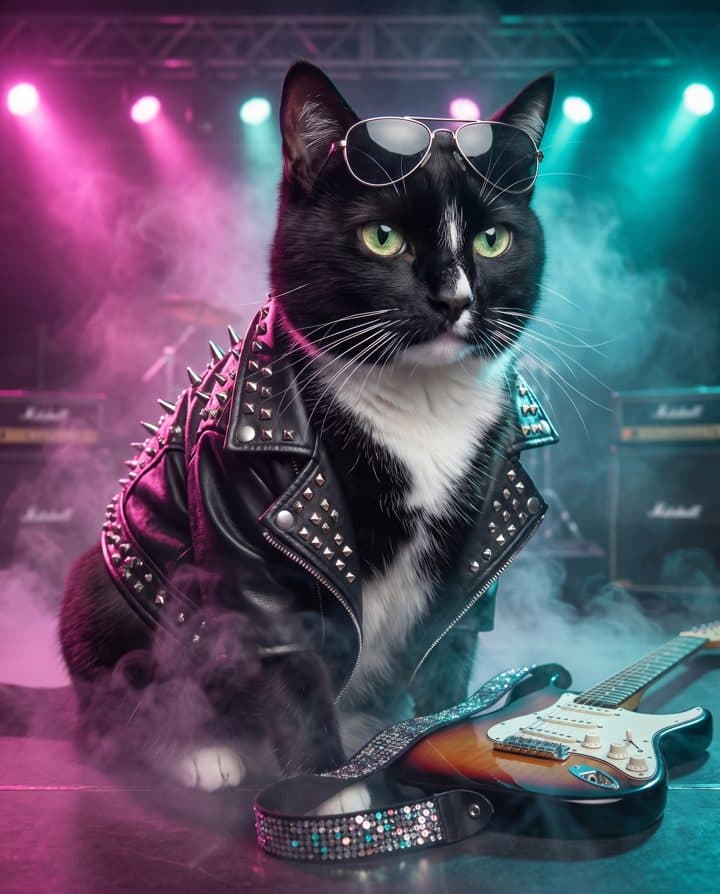 Tuxedo Cat portrait in the 80s Rockstar style