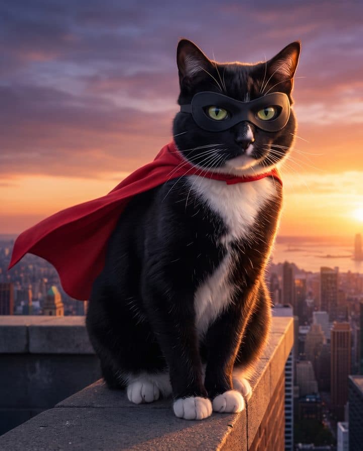 Tuxedo Cat portrait in the Caped Hero style