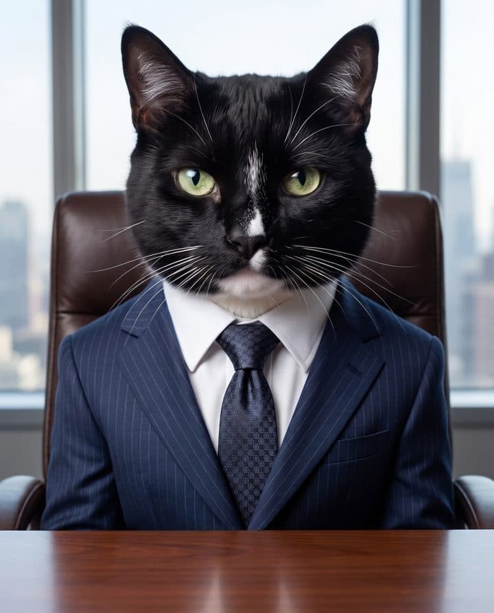 Tuxedo Cat portrait in the Tiny CEO style