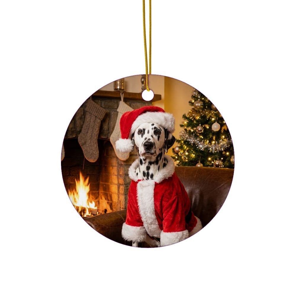 Christmas ornament with a pet portrait in the Santa Paws style